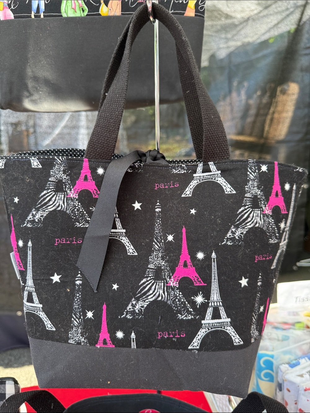 Paris Eiffel Tower Print Black & Pink Tote Bag
